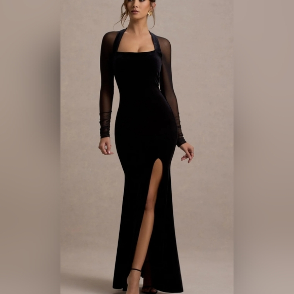 Club L London  Black Velvet Bodycon Split Maxi Dress With Sheer Sleeves.  Us 12 - Picture 1 of 3